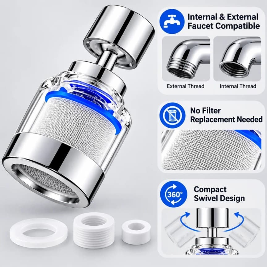 360° Swivel Faucet Water Filter Aerator – 316L Stainless Steel 4