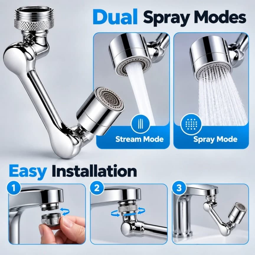 1080° Rotating Robotic Arm Dual Spray Faucet Extender 3