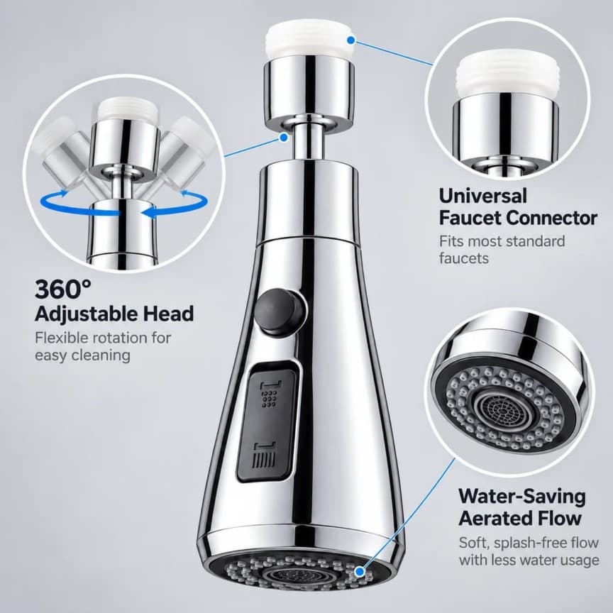 360° Swivel Faucet Aerator – Dual-Mode Spray 3