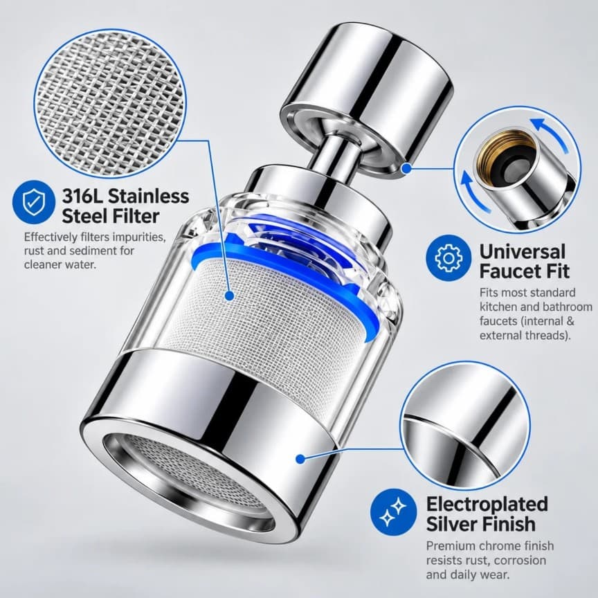 360° Swivel Faucet Water Filter Aerator – 316L Stainless Steel 3