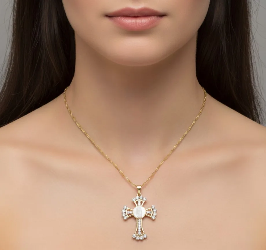 Cross And Holy Mary Gold Necklace