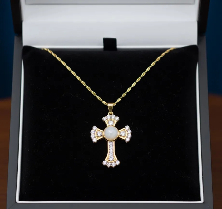 Cross And Holy Mary Gold Necklace