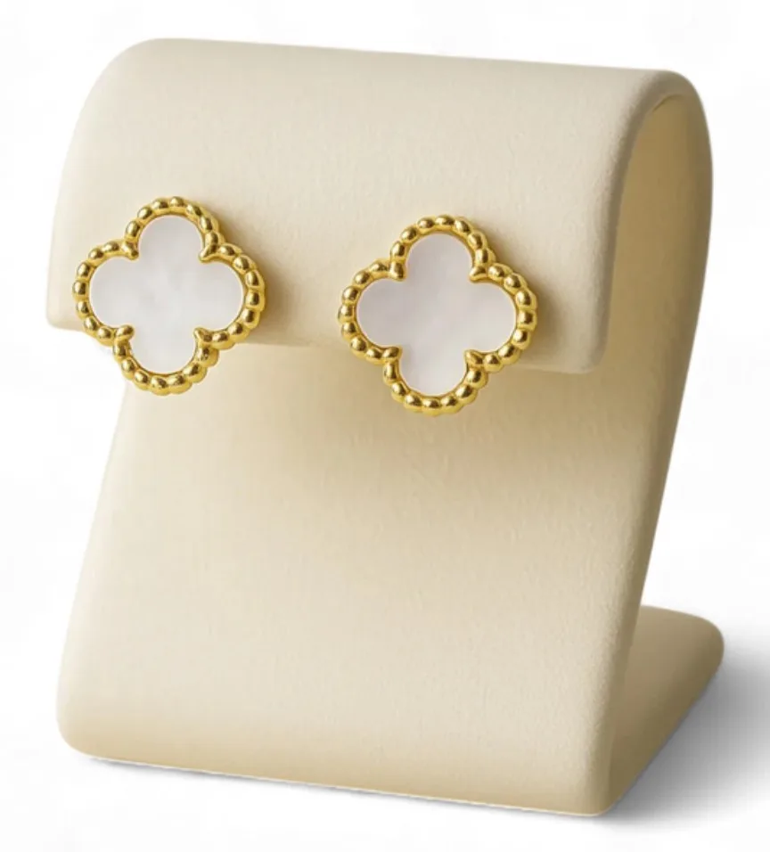 Gold Clover Stud Earrings with Mother of Pearl