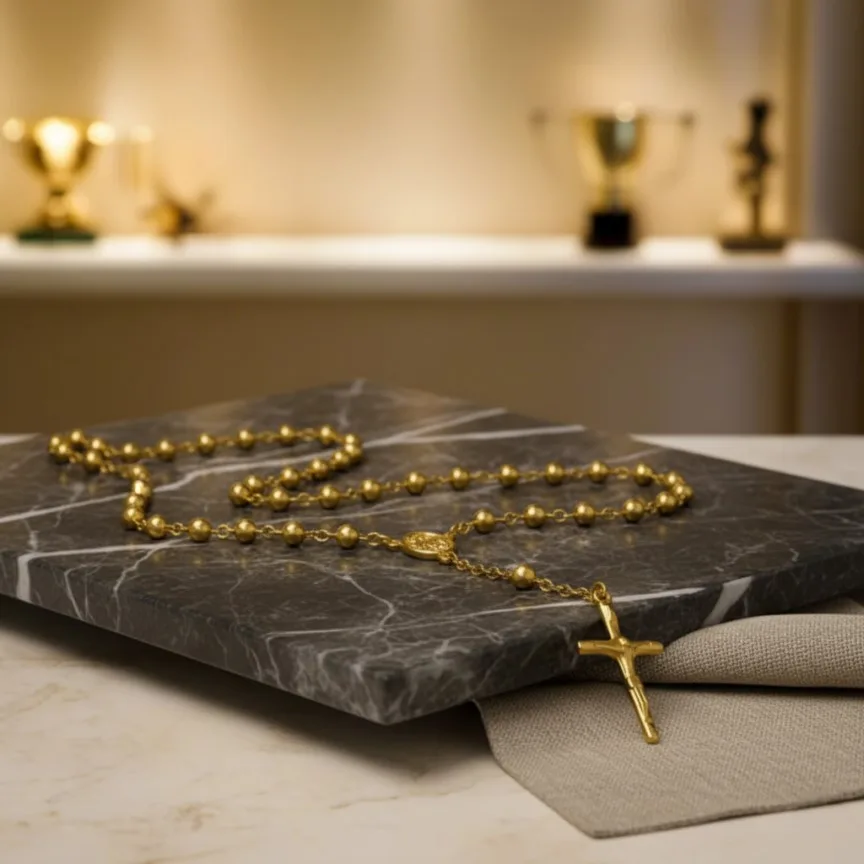 Gold Rosary Necklace with Cross Pendant
