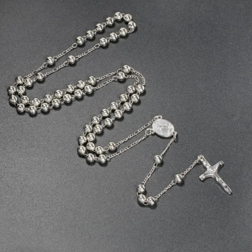 Silver Rosary Necklace with Cross Pendant