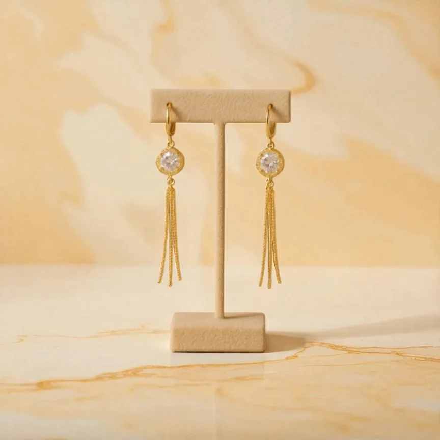 Gold Tassel Drop Earrings with Crystal Accent