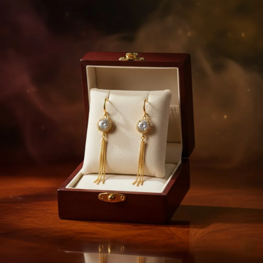 Gold Tassel Drop Earrings with Crystal Accent