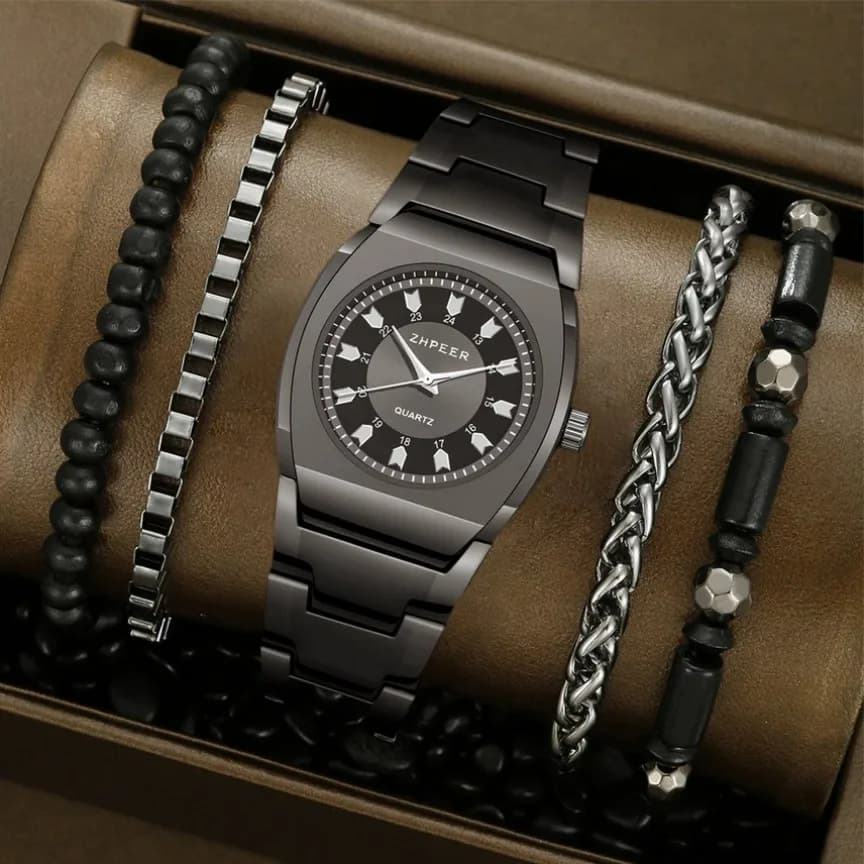 Men’s Black Steel Watch & Bracelet Set