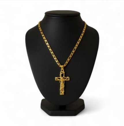 Gold Cross Necklace with Intricate Openwork Jesus Pendant